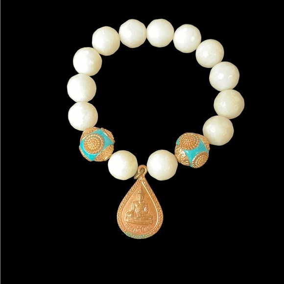 BRACELETS set of 2, turquoise white colored beads with cross & charm - Picture 2 of 7